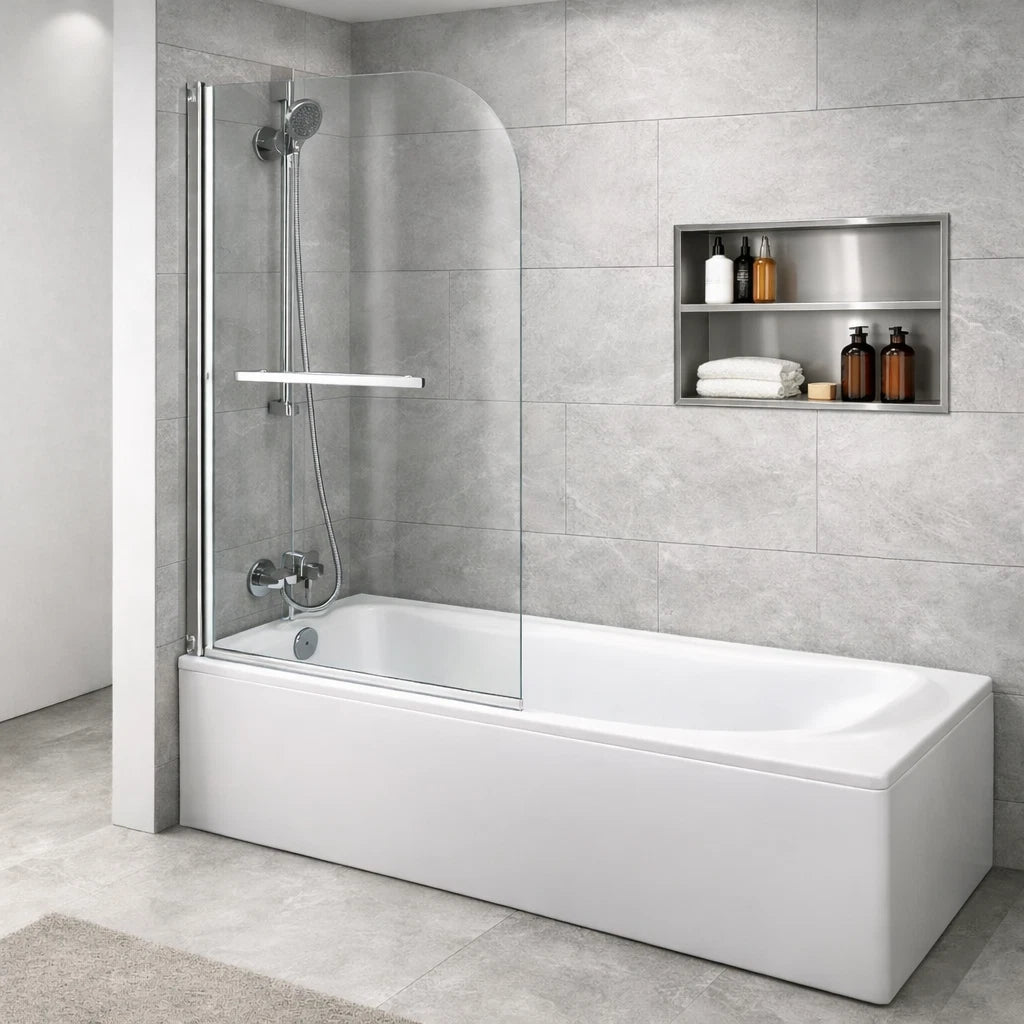 Vitrano 800x1400mm chrome bath screen with 6mm toughened glass and towel rail