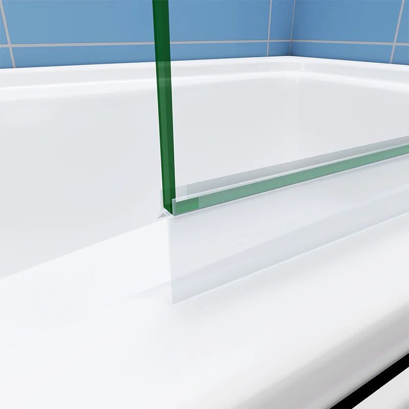 Close-up of bath shower screen bottom seal and glass edge on bathtub