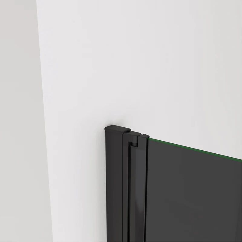 Close-up of bath shower screen hinge and wall fixing in black finish