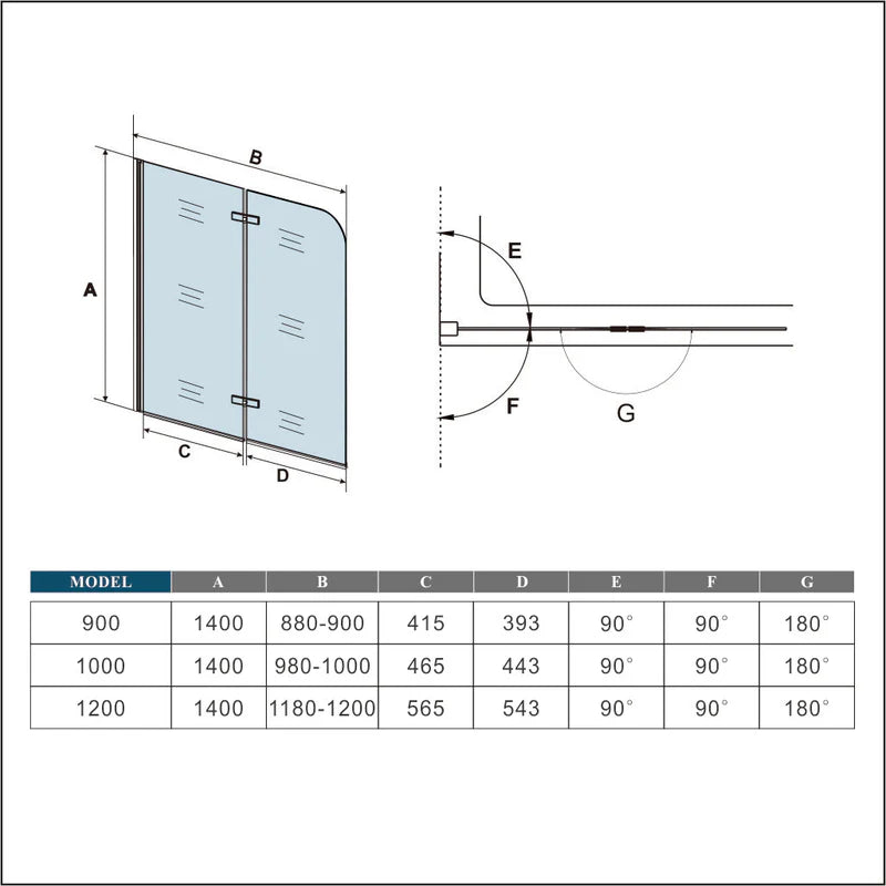 Technical drawing of bath shower screen with dimensions, panel sizes and opening angles