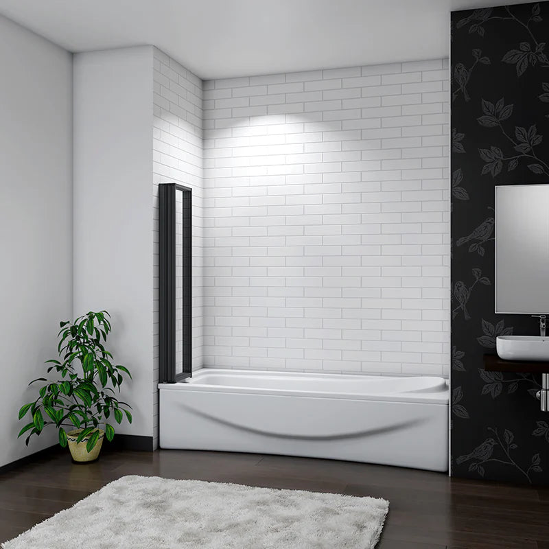 Close-up of glass edge and black frame on folding bath shower screen