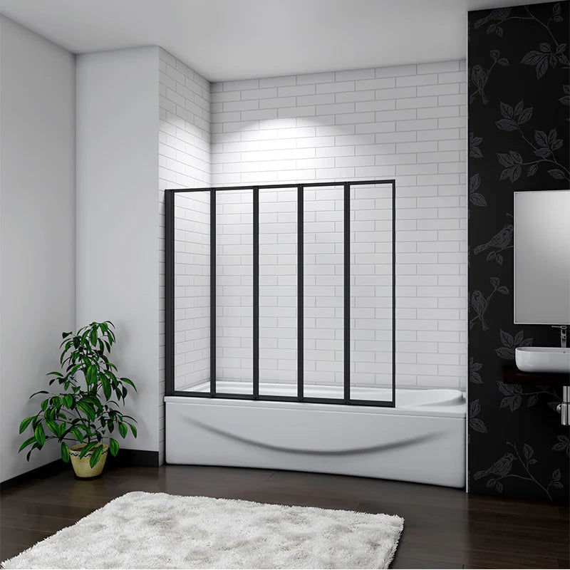 Bathroom with a bathtub and shower enclosure, featuring a plant and rug.