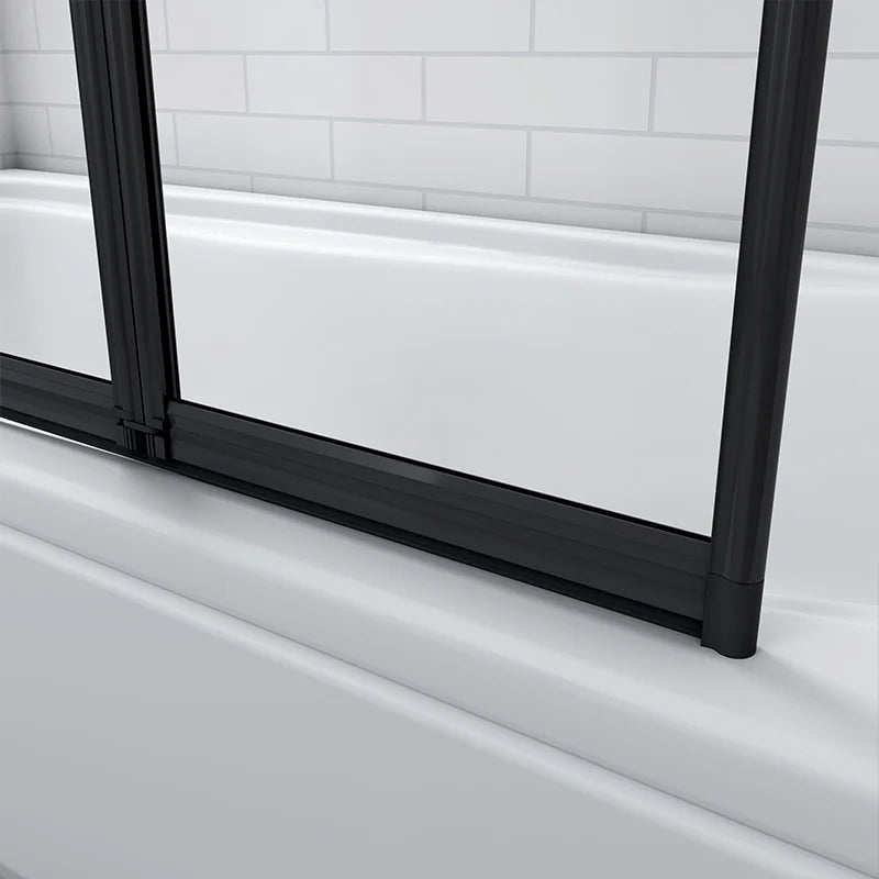 Close-up of black bath shower screen hinge connecting folding glass panels