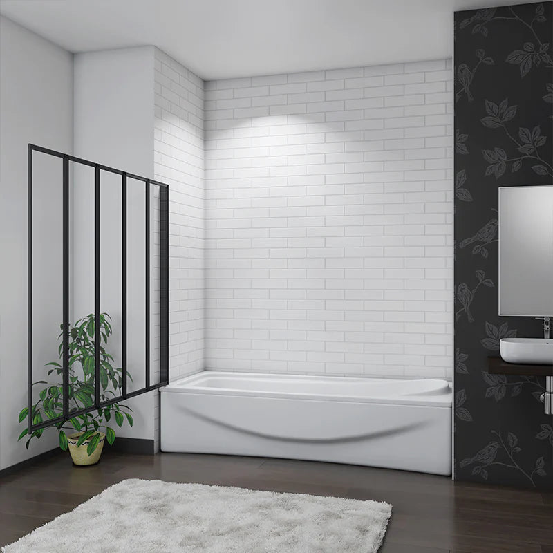 Close-up of black bath shower screen wall profile fixing and installation