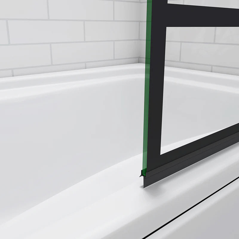 Close-up of bath shower screen bottom seal and frame showing water barrier on bathtub edge