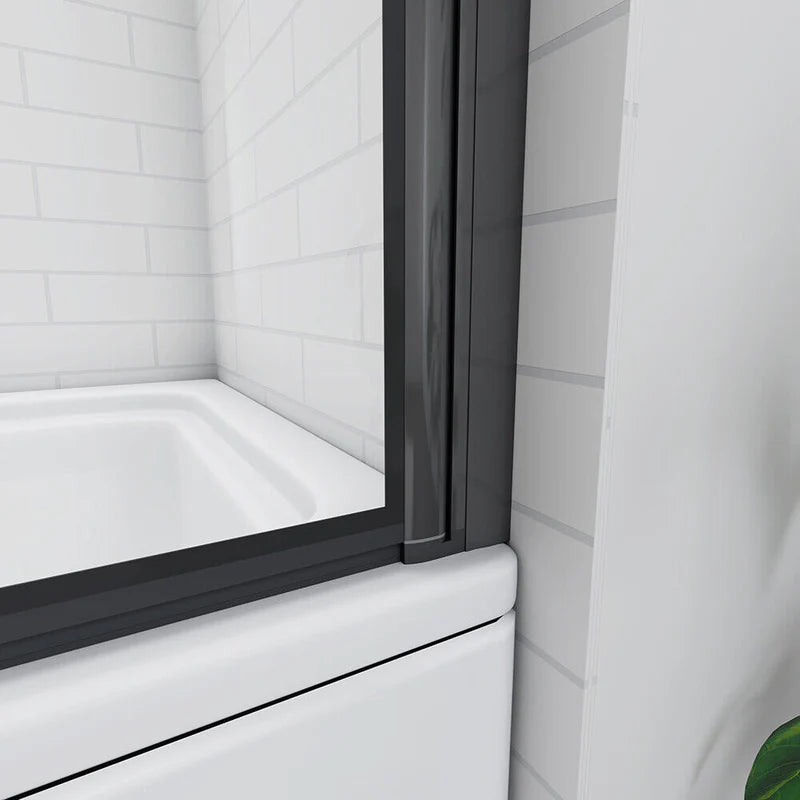 Close-up of bath shower screen bottom seal and frame showing water barrier on bathtub edge