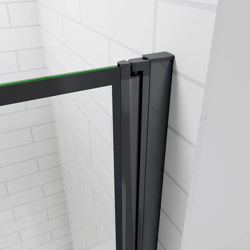 Close-up of black bath shower screen hinge and wall profile fixing with glass panel