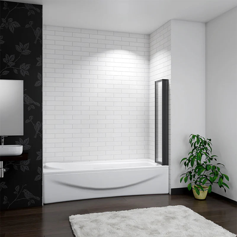Angled view of black folding bath shower screen showing panel depth and positioning