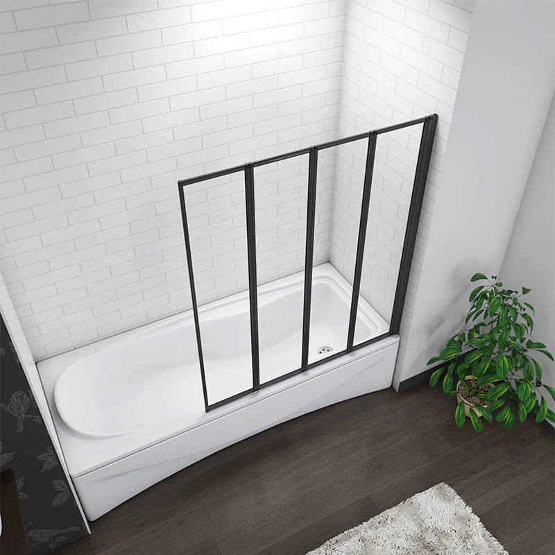 Black folding bath shower screen fully folded to side of bathtub