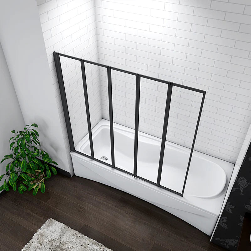 Black folding bath shower screen installed in modern bathroom with dark flooring