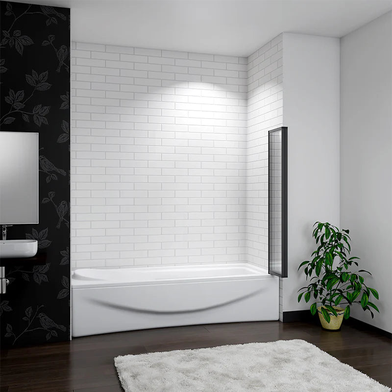 Black folding bath shower screen shown partially folded in open position