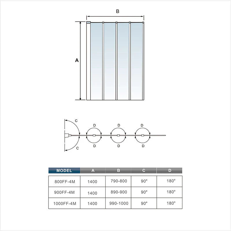 Technical drawing of black folding bath shower screen showing dimensions and panel configuration