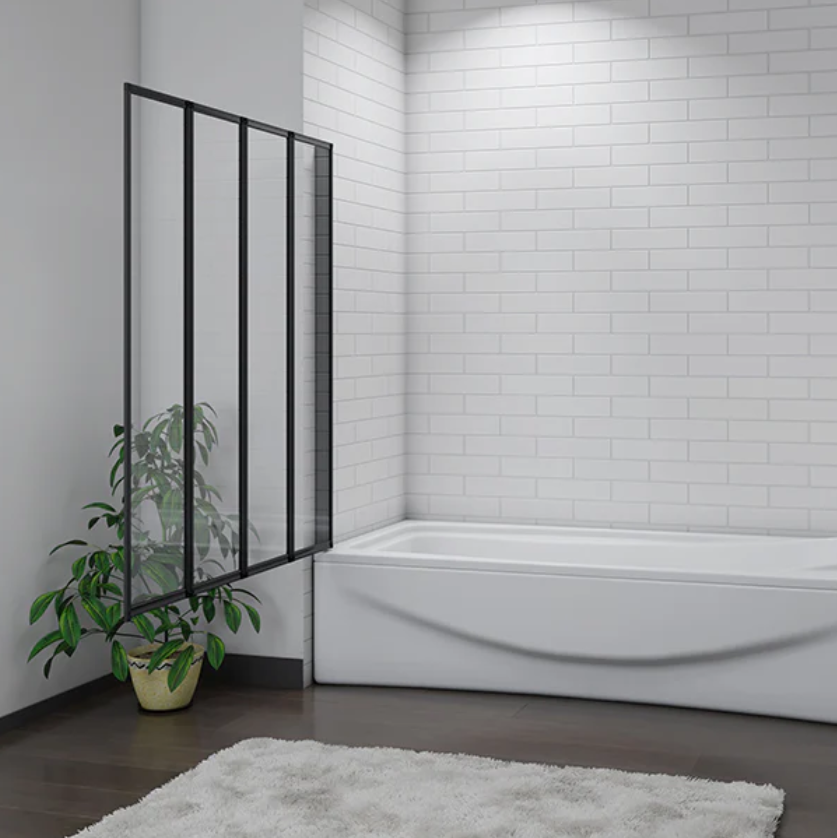 Black folding bath shower screen installed on bathtub in modern white tiled bathroom