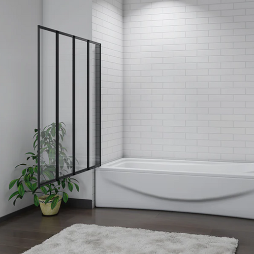 Black folding bath shower screen installed on bathtub in modern white tiled bathroom