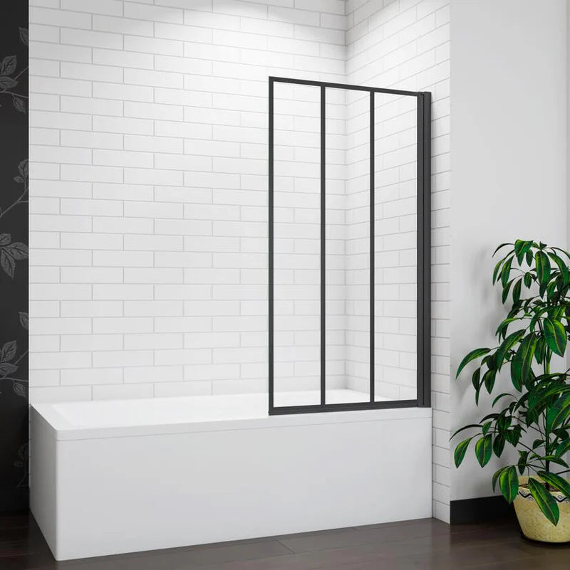 Black framed folding bath shower screen installed on bathtub in modern tiled bathroom