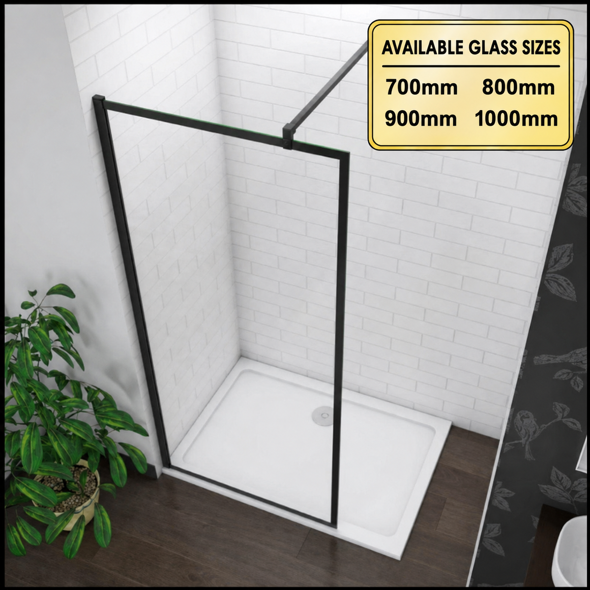 Vitrano black framed walk in shower screen available in 700mm, 800mm, 900mm and 1000mm sizes