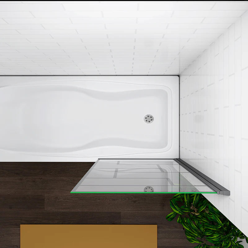 Black grid bath shower screen installed in modern bathroom with dark feature wall