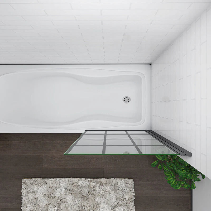 Top view of black grid bath shower screen in open position showing layout and bath coverage