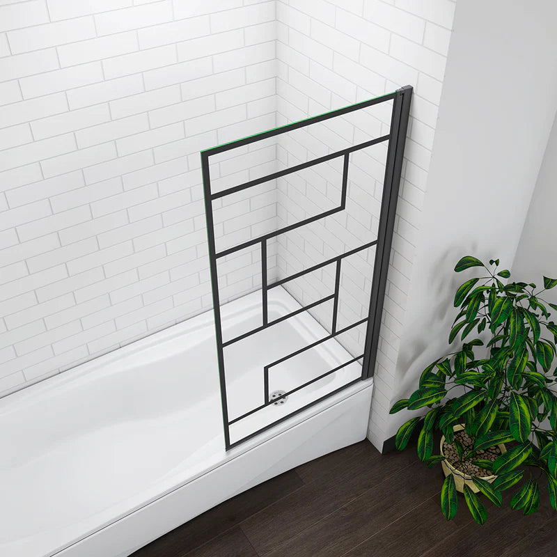 Top view of black grid bath shower screen in open position showing layout and bath coverage