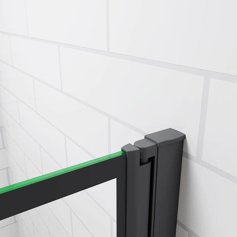 Top view of black grid bath shower screen in open position showing layout and bath coverage