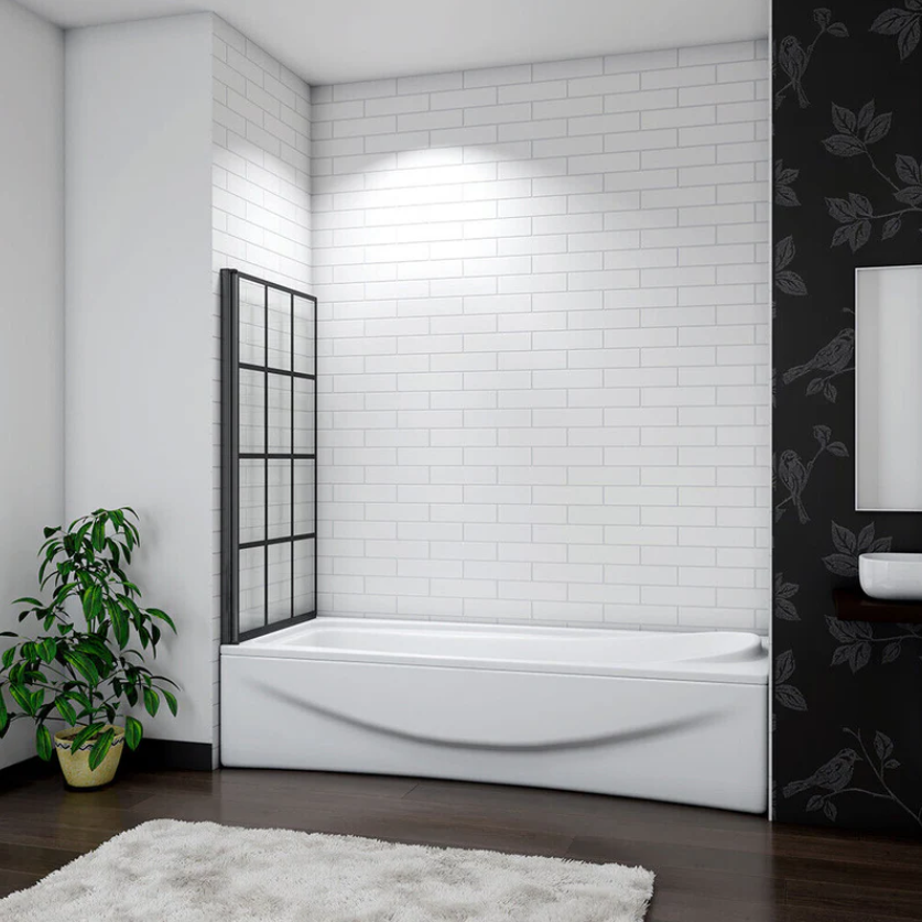 Black grid framed folding bath shower screen shown fully folded against wall on bathtub