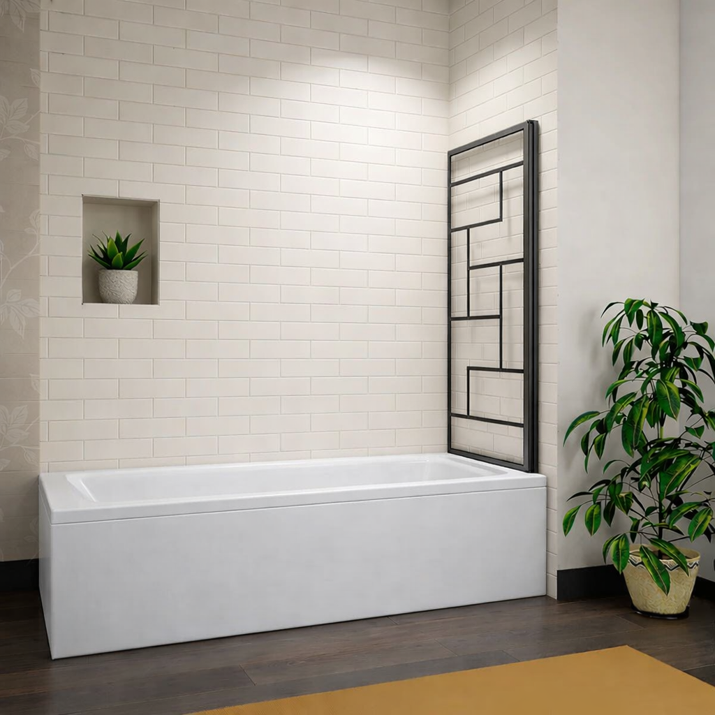 Black grid folding bath shower screen fully folded against wall on bathtub