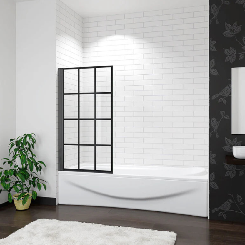 Black grid framed folding bath shower screen installed on bathtub in modern bathroom with feature wall