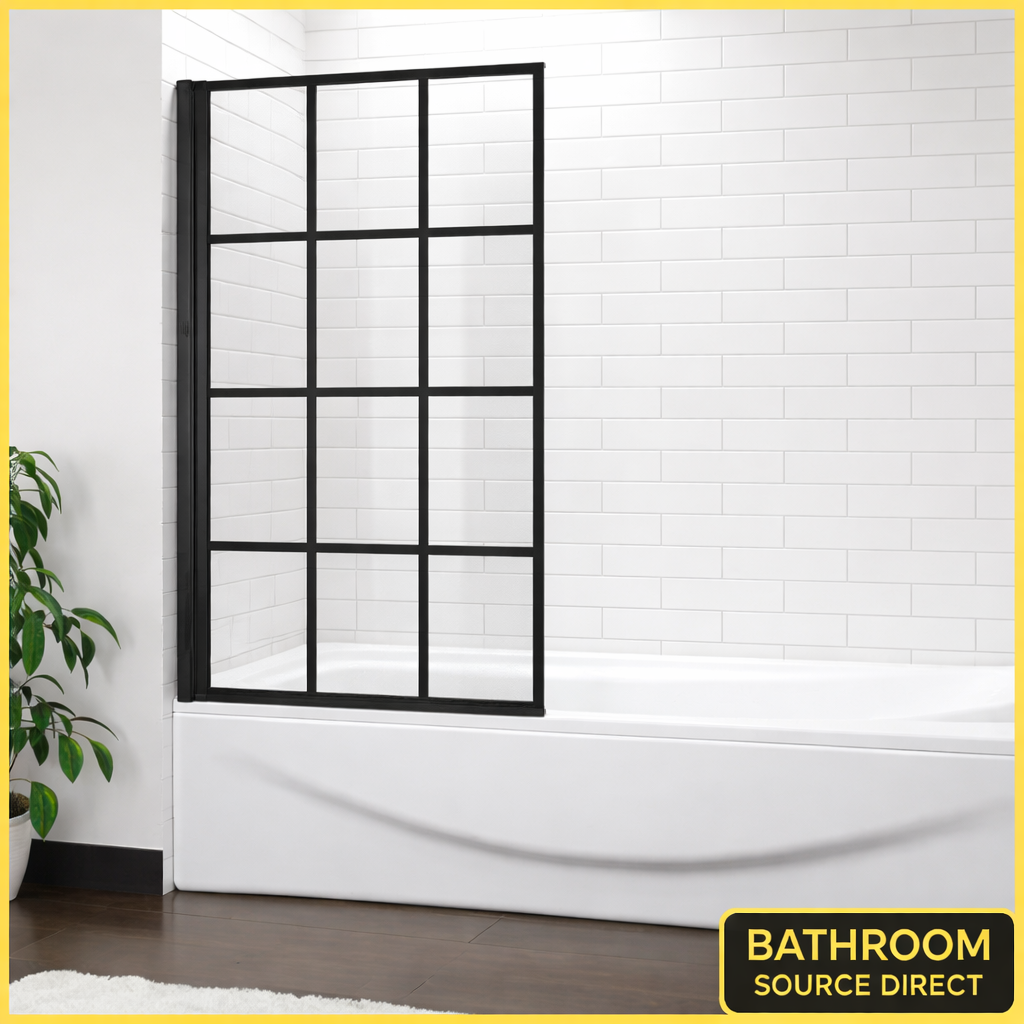 Black grid framed folding bath shower screen installed on bathtub in modern white tiled bathroom