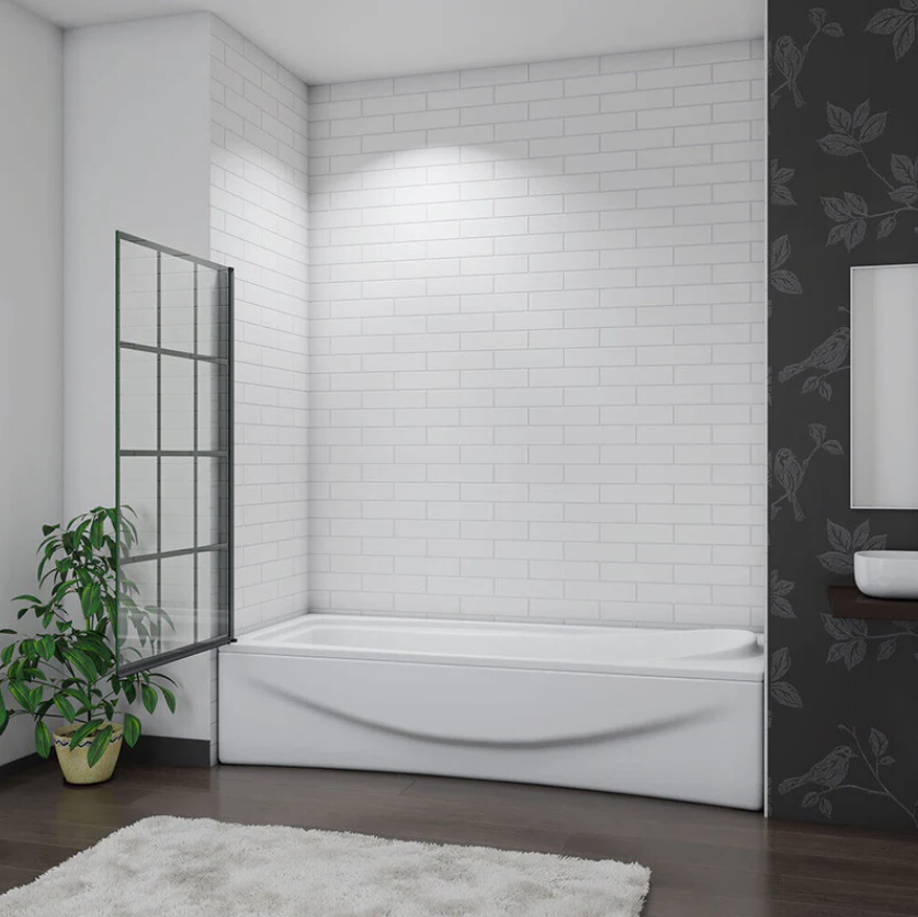 Black grid framed folding bath shower screen shown in open position on bathtub