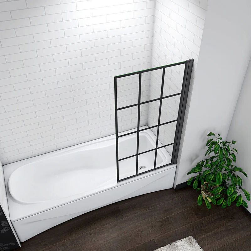 Top view of black grid framed folding bath shower screen installed on bathtub showing layout and positioning