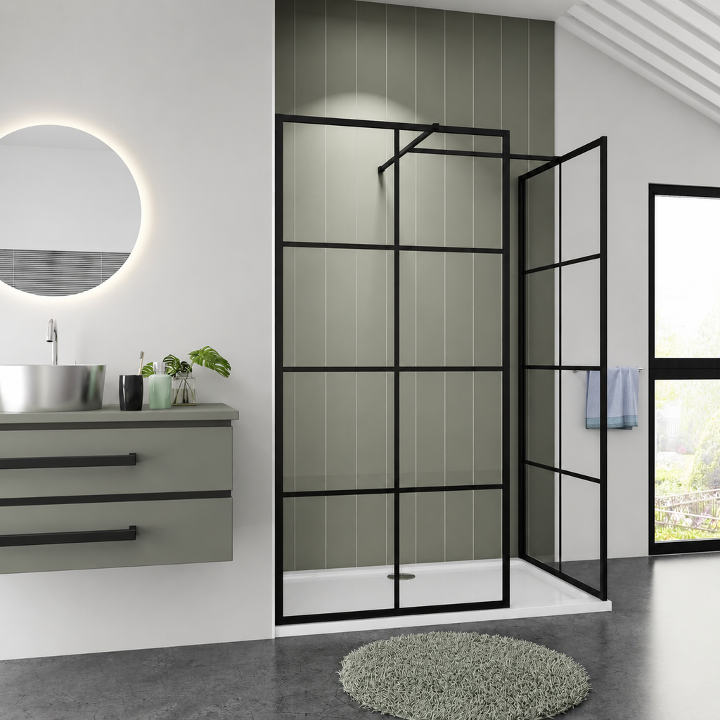 Angled View Of Matt Black Grid Style Wetroom Shower Screen With Support Arm