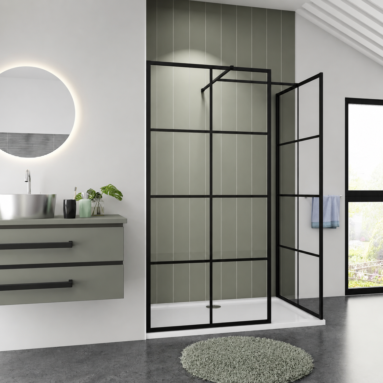 Angled View Of Matt Black Grid Style Wetroom Shower Screen With Support Arm