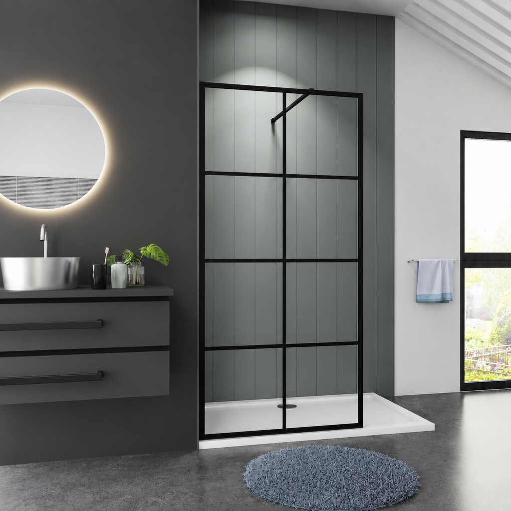 Front View Of Matt Black Grid Wetroom Shower Screen In Modern Bathroom