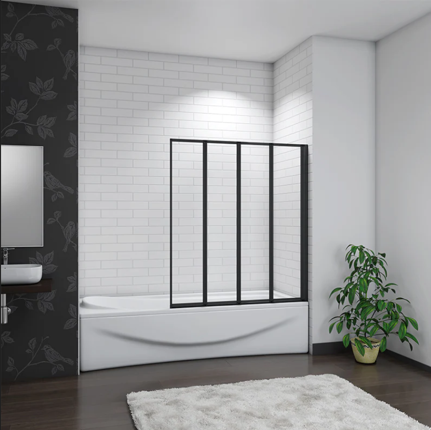 Black multi panel bath shower screen showing full bathtub and bathroom layout