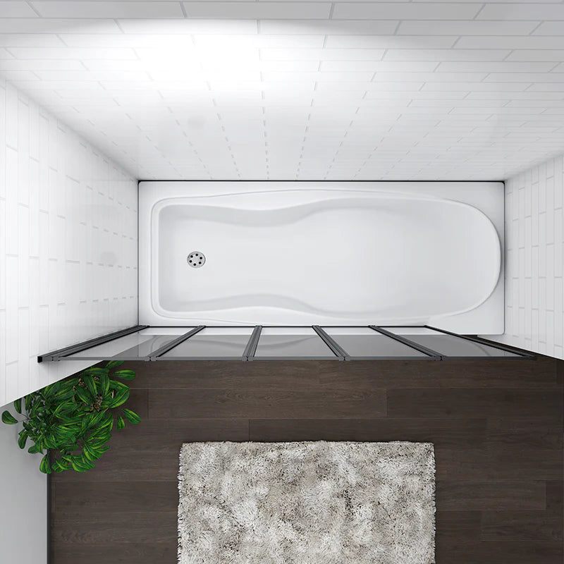 Black multi panel bath shower screen shown in spacious bathroom layout