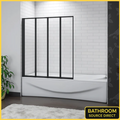 Bath tub with black framed glass panel against a white tiled wall, featuring 'Bathroom Source Direct' branding.