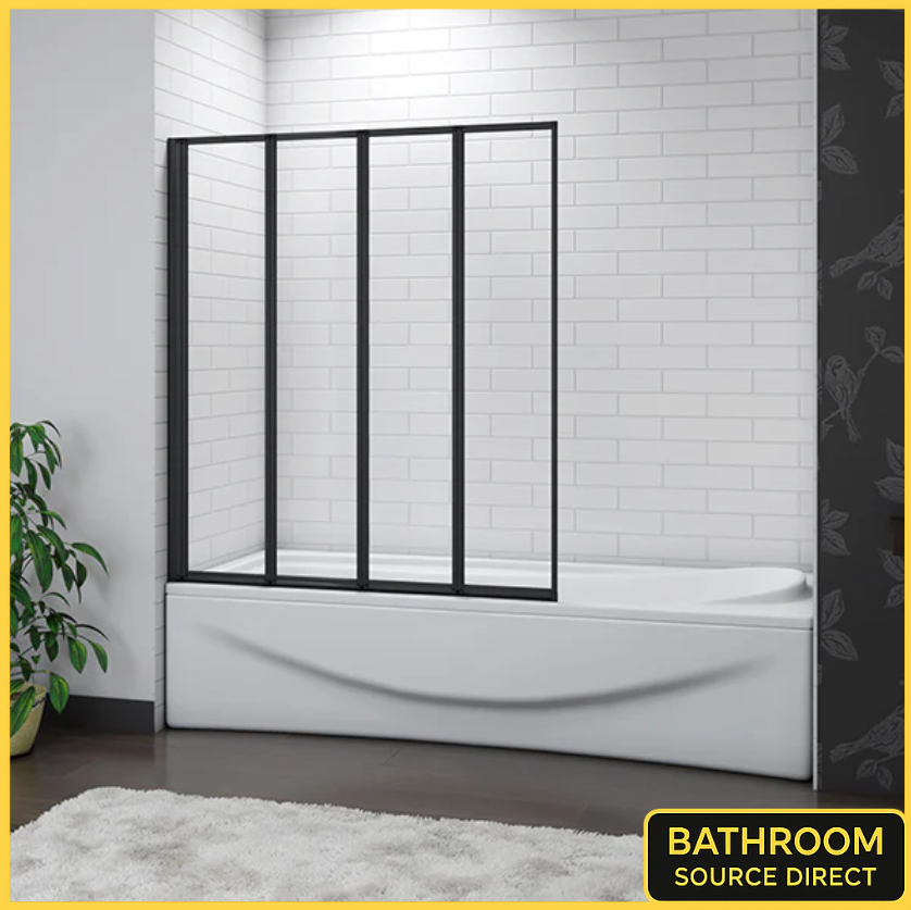 Bath tub with black framed glass panel against a white tiled wall, featuring 'Bathroom Source Direct' branding.