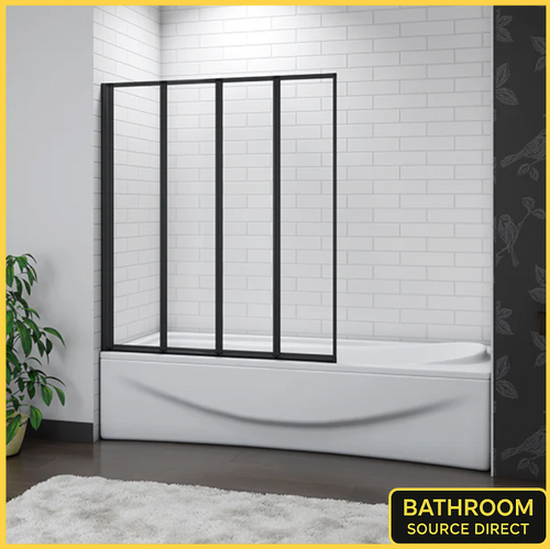Bath tub with black framed glass panel against a white tiled wall, featuring 'Bathroom Source Direct' branding.