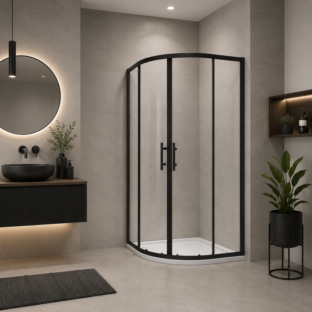 Matt Black Quadrant Shower Enclosure Installed In Modern Grey Bathroom Setting