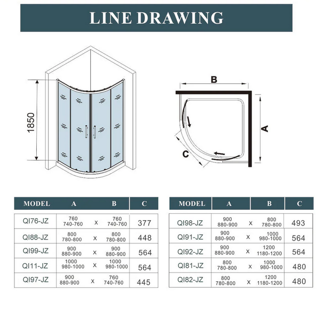 Technical Line Drawing And Size Guide For Vitrano Brushed Brass Quadrant Shower Enclosure