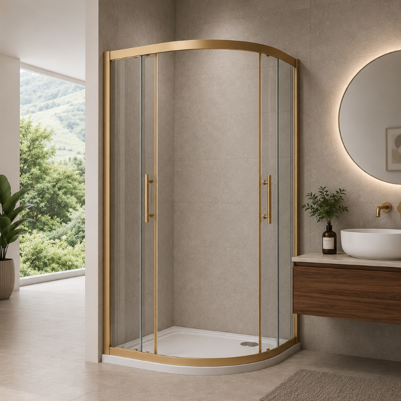 Front View Of Brushed Brass Quadrant Shower Enclosure With Curved Sliding Doors