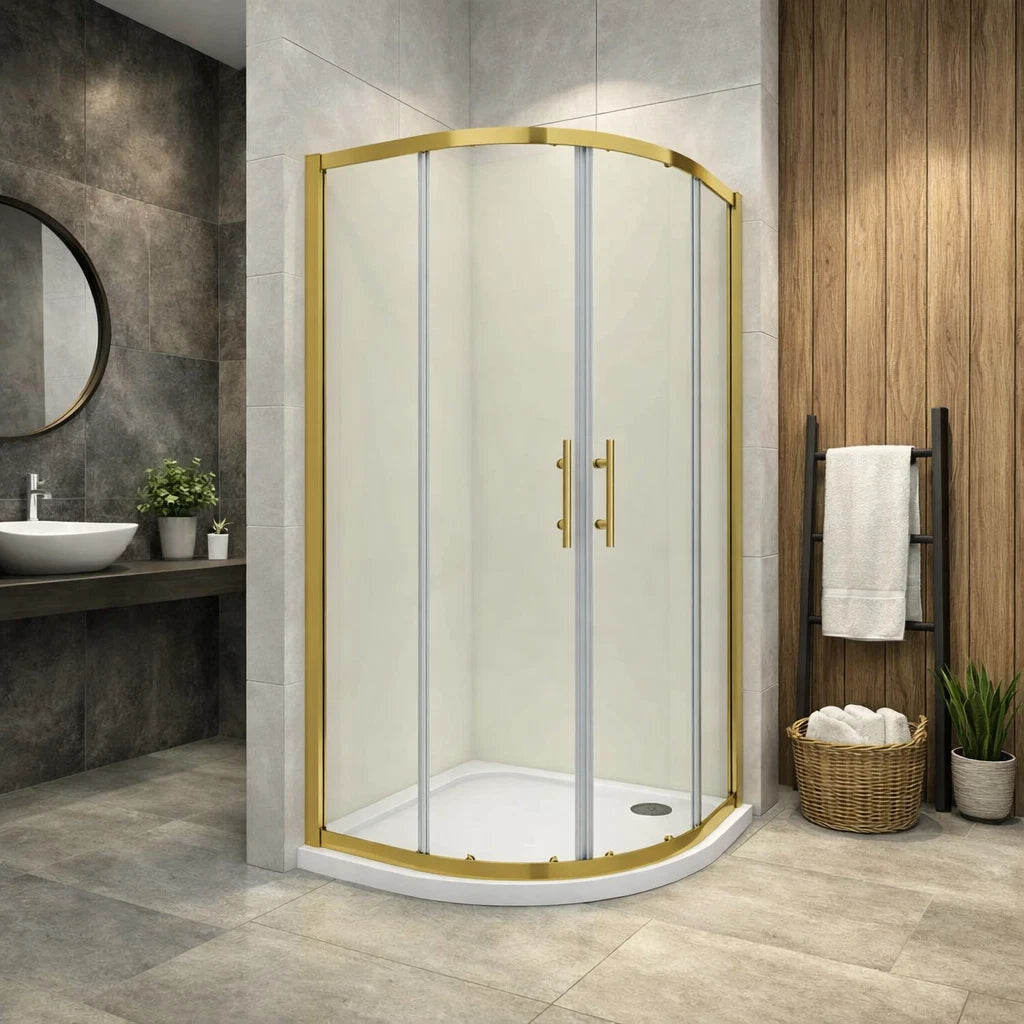 Brushed Brass Quadrant Shower Enclosure Installed In Luxury Contemporary Bathroom