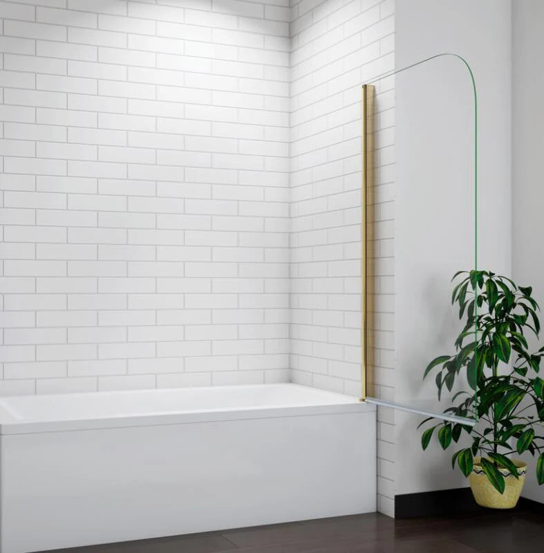 Brushed gold curved bath shower screen shown in open position on bathtub in modern bathroom