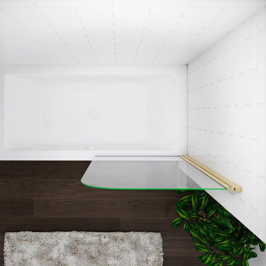Top view of brushed gold curved bath shower screen in open position showing bath coverage and layout
