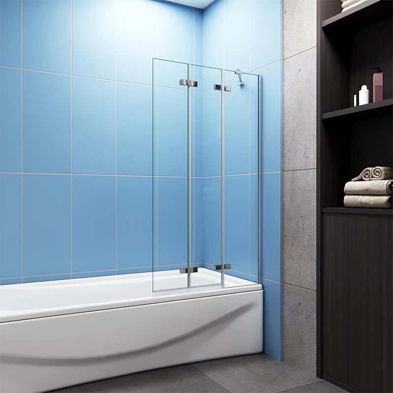 Modern bathroom with glass shower enclosure and blue tiled walls.