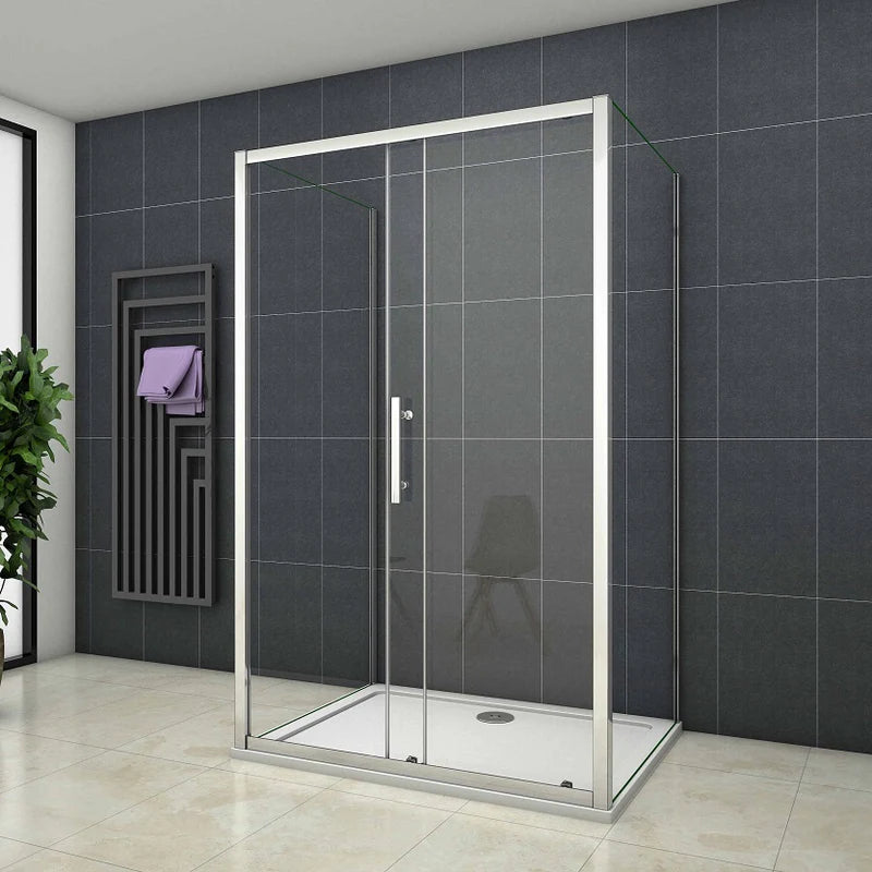 Front view of chrome corner entry sliding shower enclosure with clear glass panels