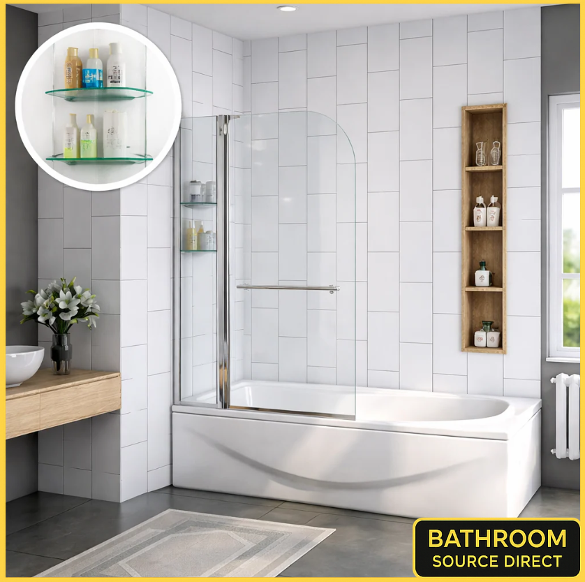 Chrome curved bath shower screen with glass shelves installed on bathtub in modern tiled bathroom