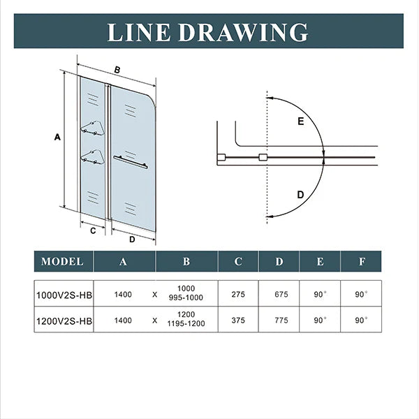 Technical drawing of chrome curved bath shower screen showing dimensions, panel sizes and opening angles