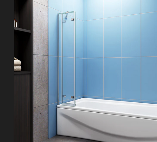 Chrome multi panel bath shower screen installed on bathtub in modern blue tiled bathroom