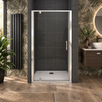 Vitrano chrome pivot shower door shown closed in a premium bathroom setting